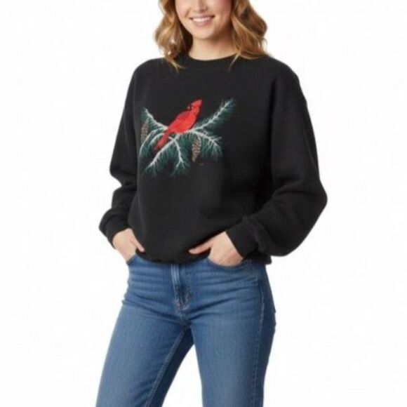 Santee Tops - Vintage Santee Womens Black Red Painted Cardinal Winter Christmas Sweatshirt XXL